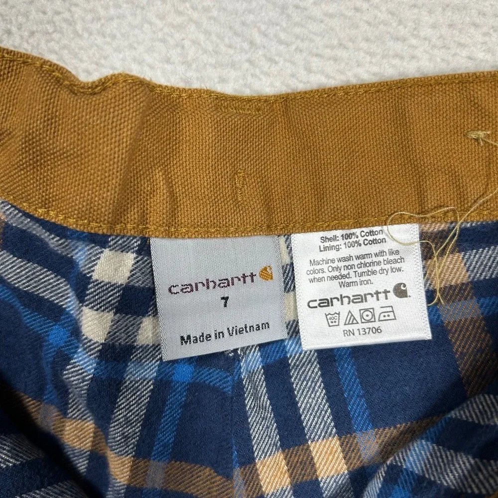 Carhartt Carpenter Pants Kids Size 7 Brown Flannel Lined Duck Canvas Plaid Cuff